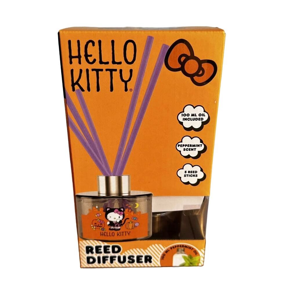 Orange Hello Kitty Halloween Witch on Broom Peppermint Square Reed Diffuser New